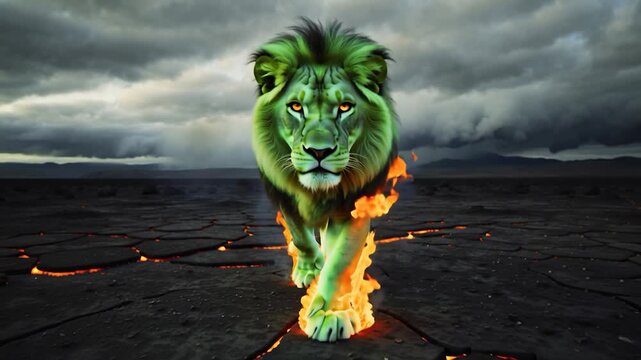 surreal green lion engulfed in vibrant flames