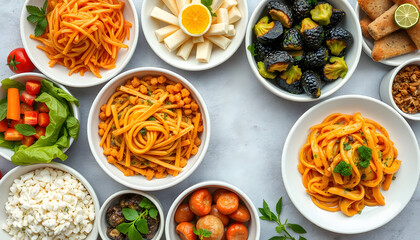 Assortment of healthy food dishes. Top view. Free space for your text, Dreamy. White tone