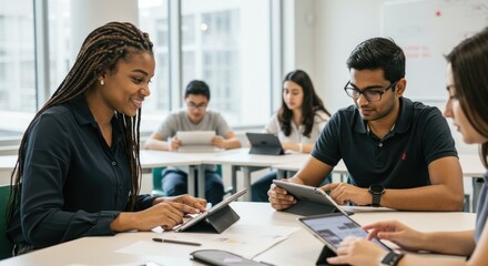 Fototapeta premium Students collaborating around a table with tablets