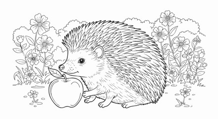 Cute hedgehog holding an apple in a flower garden. Black and white line art illustration for a coloring book page for kids. © Abu El Mahfouz