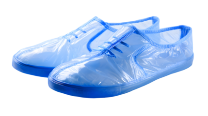 A pair of light blue disposable shoe covers with dark blue soles on a black background surface