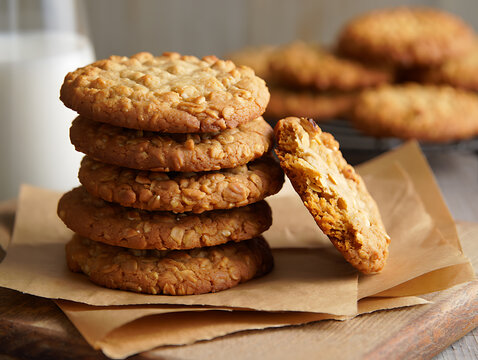 Golden brown homemade oatmeal cookies are perfectly stacked on rustic parchment paper next to a broken cookie showing its soft interior, with a blurred glass of milk in the background.