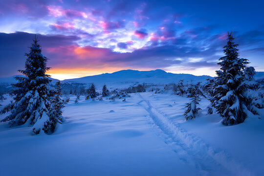 A snowy path winds through a serene winter mountain landscape at vivid dawn.