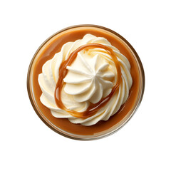 Swirled whipped cream with caramel sauce in a glass bowl isolated on a transparent background