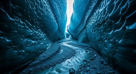 Explore a stunning glacial ice cave with a flowing stream and otherworldly blue ice formations