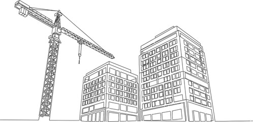 Fototapeta premium Continuous One-Line Drawing of Building with Construction Crane