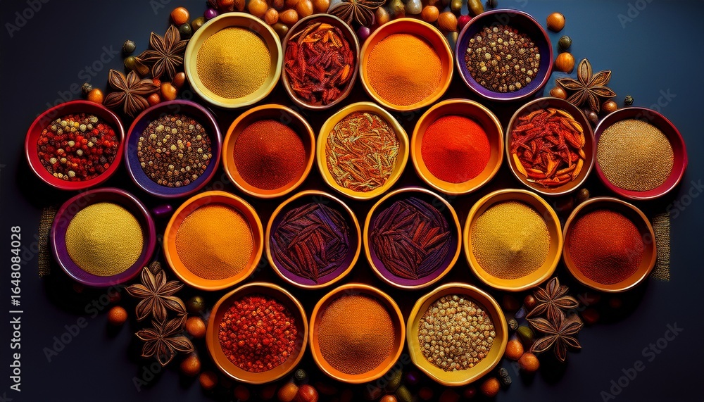 Aufkleber a mosaic of vibrant spices arranged in geometric patterns showcasing the rich tapestry of flavors fr