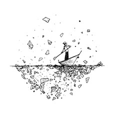 A lone figure rows a boat on a sea of debris with floating fragments in a monochrome illustration