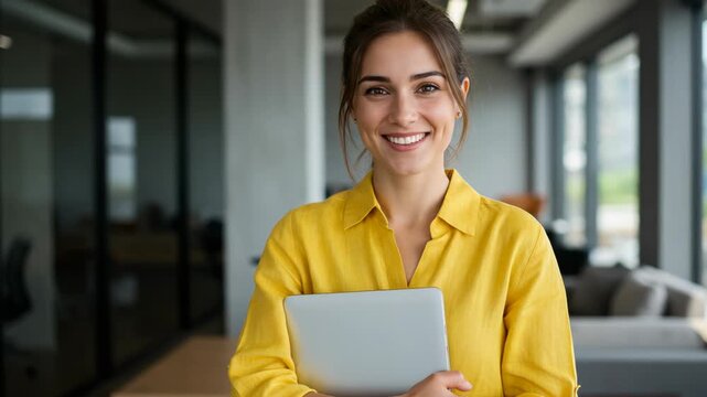 A smiling young professional woman in a yellow shirt holds a laptop in a modern office setting, exuding confidence and competence
