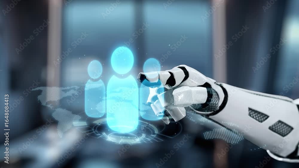 Poster a robotic hand reaches out to engage with a holographic user interface in a sleek office setting, hi