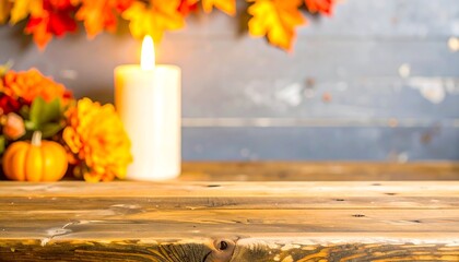 Cozy autumn scene with a lit candle mini pumpkin and colorful fall leaves on a rustic wooden table