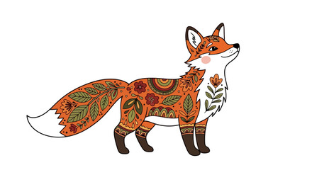 Fototapeta premium Whimsical Fox Illustration with Floral and Geometric Details, Perfect for Children's Books, Fabric Prints, and Nature-Themed Decorative Designs.
