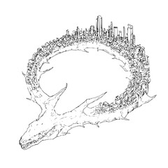 Obraz premium A dragon with a city on its back in a black and white sketch style with detailed buildings and scales