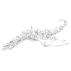 Dragon silhouette with a city skyline on its back in black and white detailed illustration art