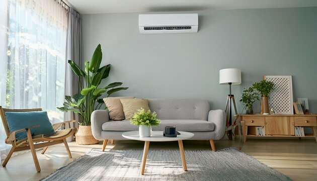 living room interior featuring air conditioner for comfortable temperature during hot summer cooling the room