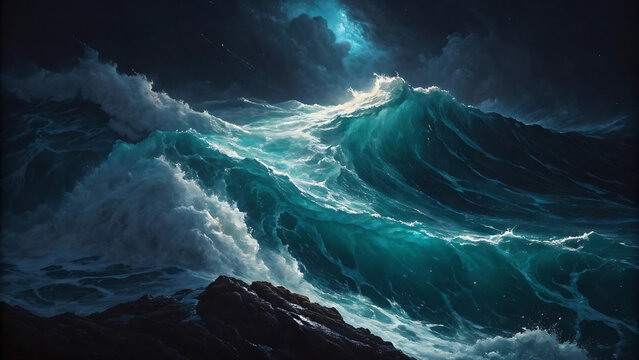 Dramatic ocean waves crashing against rocks under a stormy night sky