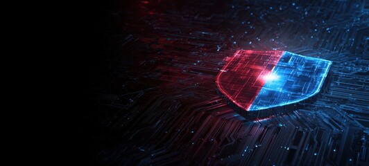 The Shield of Digital Security Glowing Over Futuristic Circuit Board in Blue and Red