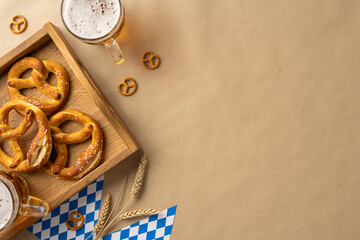 Beer mugs, soft pretzels, and a blue-checkered pattern suggest a lively Oktoberfest theme