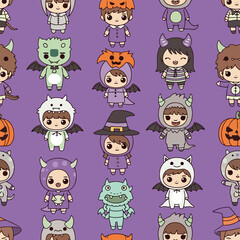 Charming Halloween Costume Characters Seamless Pattern for Festive Celebrations and Creative Design Projects on Invitations and Party Decorations