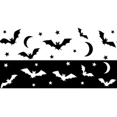 Halloween Decorative Border Featuring Silhouetted Bats, Crescent Moons, and Stars on Contrasting Black and White Backgrounds for Spooky Themed Designs