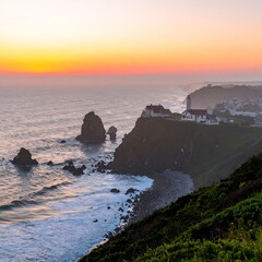 Coastal sunset view with lighthouse