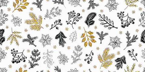Black, Gold & Grey Botanical Seamless Pattern