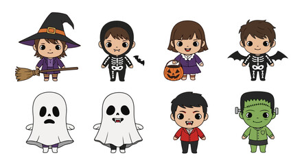 Obraz premium Adorable Halloween Characters Illustration Set for Festive Designs and Creative Projects, Ideal for Greeting Cards, Party Invitations, and Seasonal Decorations.