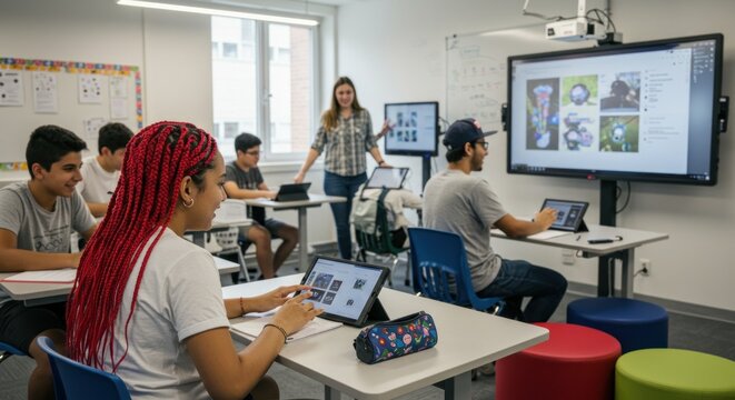 Students in a classroom using technology with a teacher presenting
