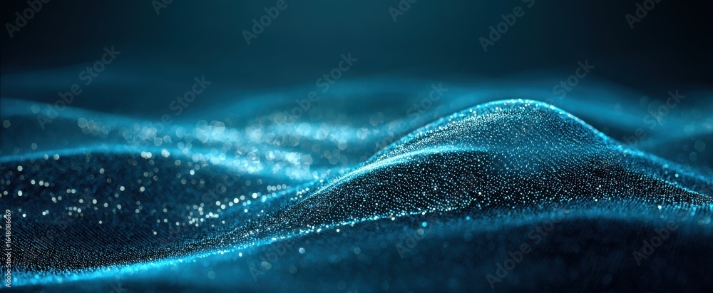 Poster the wave of glowing digital particles and shimmering bokeh lights in deep blue