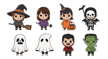 Fototapeta premium Cute Halloween Characters Collection Featuring Witch, Ghost, Vampire, and Frankenstein. Ideal for children's books, party invitations, or holiday-themed designs.
