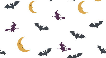 Spooky Halloween pattern featuring flying witches, bats, and crescent moons on a white background. Ideal for festive backgrounds, textile design, or holiday-themed projects.