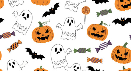 Playful Halloween Pattern with Ghosts, Pumpkins, Bats, and Candy for Festive Decorations and Creative Design Projects.