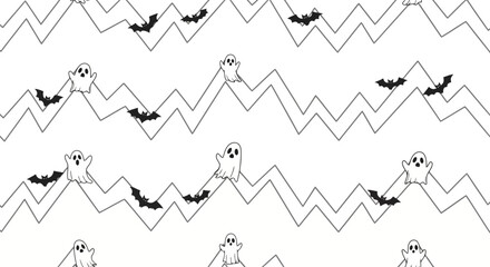 Whimsical Halloween Pattern Featuring Cute Ghosts and Bats on Zigzag Lines, Perfect for Festive Crafts and Spooky-Themed Design Projects.