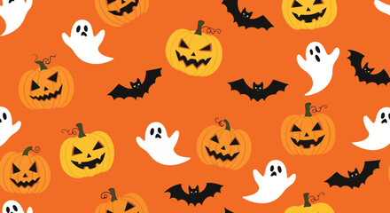 Cheerful Halloween Pattern Featuring Pumpkins, Ghosts, and Bats on Orange Background, Ideal for Festive Designs and Seasonal Decorations