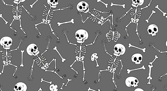 Fototapeta Playful Skeleton Dance Party Seamless Pattern on Gray Backdrop for Halloween Celebrations, Spooky Decorations, and Festive Themed Backgrounds