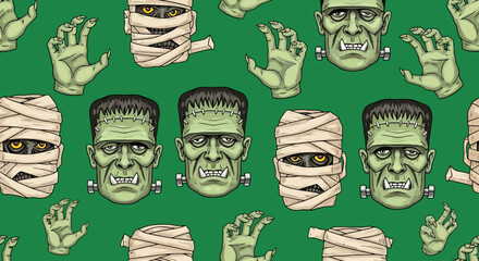 Spooky Halloween Pattern Featuring Classic Monsters, Perfect for Festive Decorations, Themed Events, and Horror-Inspired Digital Designs and Backgrounds