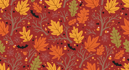 Fototapeta premium Festive Autumnal Pattern Featuring Colorful Leaves, Spooky Bats, and Candy Corn for Seasonal Backgrounds and Fall-Themed Design Projects
