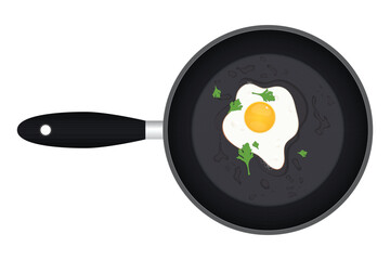 A close-up view of a sunny-side up egg cooking in a non-stick frying pan. The egg is garnished with sprigs of fresh parsley for added flavor. 