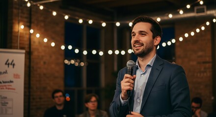 Smiling man giving a speech with a microphone, illuminated by string lights, during a conference