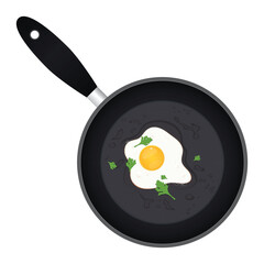 A freshly fried egg sits in a black non-stick pan, garnished with parsley. The breakfast dish is presented on a clean white background, making the yolk stand out.