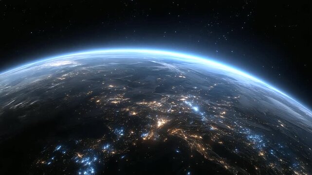Planet Earth, edge of space, city lights, atmospheric glow, starry cosmos, night earth view, illuminated world, orbital earth image, cosmic