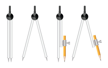 A collection of drawing compasses is displayed on a white background, some equipped with pencil attachments for precise geometric constructions and design work.
