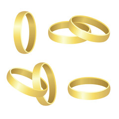 The image features four simplistic gold bands, some interlocking, isolated on white, offering a clean, elegant presentation suitable for conveying commitment.
