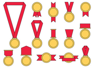A collection of differently designed gold medals are displayed. Each medal is paired with ribbons of various shapes and lengths, all in a vibrant red color. Achievement unlocked!