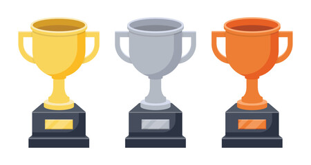 Three trophies stand side-by-side. The gold, silver, and bronze awards each sit atop dark bases, highlighting achievement and competition in a simple, clean design.
