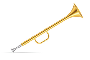 A polished brass herald trumpet with silver mouthpiece is showcased on a white background. The elegant instrument evokes a sense of history and grand proclamations. © Creativeclipcloud