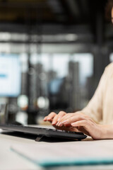 Close up of woman analyst focusing on development strategy and planning organization for global...