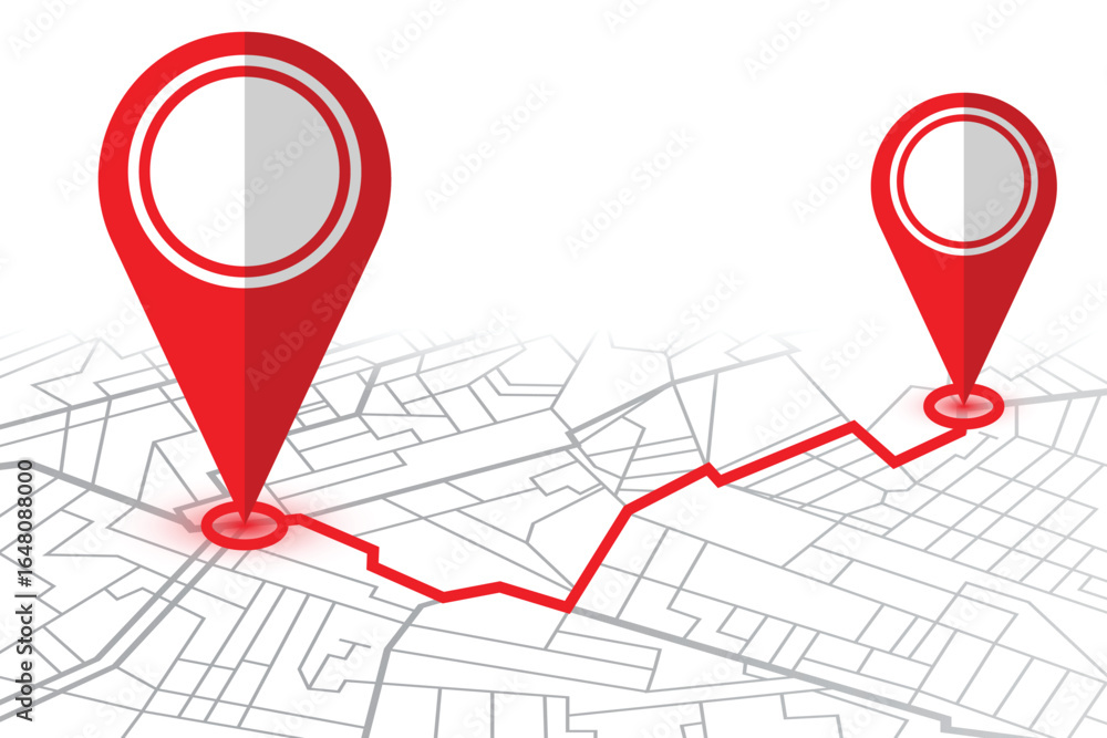 Poster a depiction of map navigation with two red markers on a sketched map, connected by a red line, illus