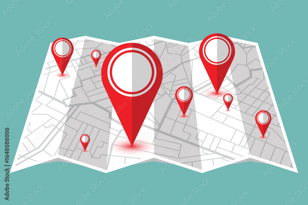 Poster a folded map displaying street layouts with red pin markers that show locations and directions. the 