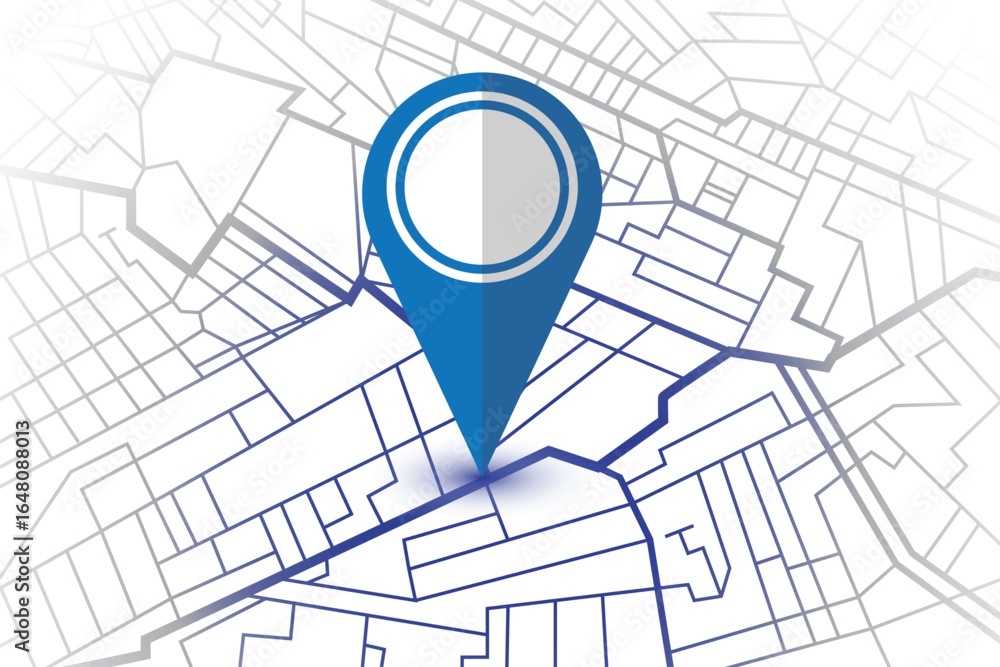 Poster a blue map pointer stands out over a simplified city map, highlighting a precise location amidst str